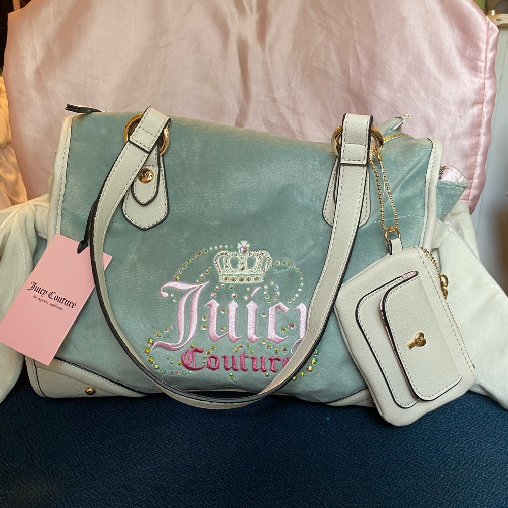 Y2K Juicy Couture Blue and Cream Shoulder Tote Bag - Picture 1 of 4